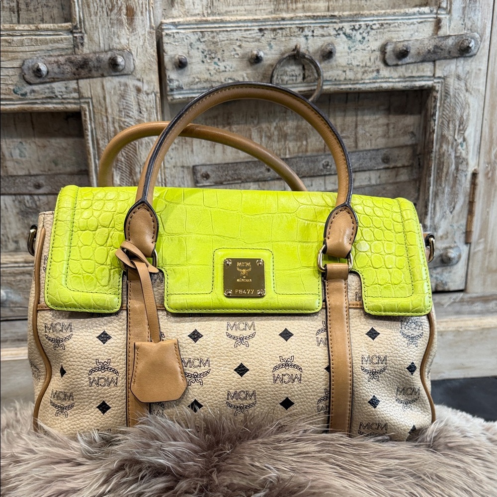 MCM Neon Green and Tan Satchel